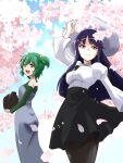  2girls :d absurdres arm_up assault_lily bag bangs bare_shoulders black_legwear black_skirt blue_sky breasts cherry_blossoms closed_mouth clothing_cutout collared_shirt commentary_request commission day dress eyebrows_visible_through_hair falling_petals fang flower green_eyes green_hair green_shirt grey_dress hair_between_eyes hair_ribbon hanami hand_on_headwear hat high-waist_skirt highres holding holding_bag juliet_sleeves long_dress long_hair long_sleeves looking_away medium_breasts miniskirt multiple_girls open_mouth outdoors pantyhose petals pink_flower pixiv_request puffy_sleeves purple_hair ribbon shirai_yuyu shirt short_hair shoulder_cutout skirt sky smile strapless strapless_dress sun_hat teeth thermos two_side_up upper_teeth urutsu_sahari violet_eyes white_headwear white_shirt yellow_ribbon yoshimura_thi_mai 