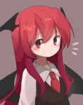  1girl bat_wings blush dako_ovo dress_shirt grey_background head_wings koakuma long_hair long_sleeves looking_at_viewer necktie notice_lines red_eyes redhead shirt simple_background solo touhou upper_body vest white_shirt wings 