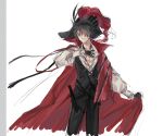  1boy animal_ears arknights black_gloves blouse brown_eyes brown_hair cape cat_boy cat_ears coat cowboy_shot gloves guan7637 hair_over_one_eye hand_up hat hat_feather highres male_focus phantom_(arknights) red_cape shirt short_hair simple_background sketch solo 