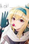  1girl blonde_hair bow candy eyebrows_visible_through_hair food gamryous girls_frontline gloves green_bow green_headwear hair_bow hair_ribbon highres lollipop looking_at_viewer multicolored_clothes multicolored_gloves ok_sign red_eyes ribbon russian_flag scarf smile solo sv-98_(girls&#039;_frontline) tongue turtleneck white_scarf 