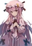  1girl bangs blue_bow bow capelet closed_mouth crescent crescent_pin dress eyebrows_visible_through_hair hair_bow hat highres long_hair long_sleeves looking_at_viewer mob_cap multiple_bows natsume_suzuri own_hands_together patchouli_knowledge pink_capelet pink_dress pink_headwear purple_hair red_bow sidelocks simple_background solo standing striped striped_dress touhou violet_eyes white_background 