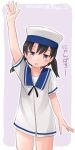  1girl black_hair blue_collar blue_sailor_collar collar commentary_request dress grey_background hand_up hat kantai_collection one-hour_drawing_challenge ray.s sailor_collar sailor_dress sailor_hat short_hair short_sleeves shounan_(kancolle) solo twintails violet_eyes white_dress white_headwear 