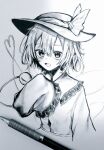  1girl :d ballpoint_pen_(medium) blouse blush buttons commentary cropped_torso diamond_button eyebrows_behind_hair frilled_shirt_collar frilled_sleeves frills greyscale hair_between_eyes hand_up hat hat_ribbon heart heart_of_string komeiji_koishi long_sleeves looking_at_viewer monochrome open_mouth photo_(medium) ribbon shirt short_hair skirt sleeves_past_fingers sleeves_past_wrists smile solo takoiro third_eye touhou traditional_media upper_body wide_sleeves 