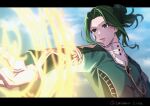  1boy 1ca artist_name blue_jacket blue_sky day fire_emblem fire_emblem:_three_houses fire_emblem_warriors:_three_hopes forehead green_eyes green_hair hair_bun highres jacket letterboxed linhardt_von_hevring long_sleeves magic male_focus open_mouth outdoors ponytail short_hair sky solo twitter_username upper_body 