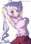  1girl ahoge blouse breasts eyebrows_visible_through_hair highres large_breasts light_purple_hair looking_at_viewer low_twintails senki_zesshou_symphogear shirt solo twintails twitter_username violet_eyes white_background yukine_chris yukitsuba_hina 
