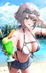  1girl :d absurdres bangs beach bikini bikini_skirt blue_choker blue_sky breasts cherry choker clouds cream cup drink eyewear_on_head food fruit glasses green_eyes grey_hair hand_up highres holding holding_cup holding_drink hololive incoming_drink large_breasts looking_at_viewer mole mole_on_breast navel open_mouth shirogane_noel short_hair sky smile solo stomach swimsuit toi1et_paper virtual_youtuber wafer_stick water 