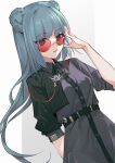  1girl :d alternate_costume animal_ears arknights arm_behind_back bangs bear_ears belt blue_hair dress dutch_angle eyebrows_visible_through_hair grey_background grey_dress hand_up highres hongbaise_raw istina_(arknights) long_hair looking_at_viewer open_mouth red-tinted_eyewear round_eyewear short_sleeves smile solo sunglasses tinted_eyewear two-tone_background upper_body white_background 