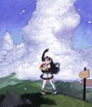  1girl african_penguin_(kemono_friends) animal_costume black_hair flower handsdsds headphones highres kemono_friends kemono_friends_v_project long_hair looking_at_viewer mountain multicolored_hair nature open_mouth penguin_costume shirt skirt sky smile solo straight_hair virtual_youtuber 