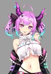  1girl :p ahoge bare_shoulders belt bow breasts copyright_request crop_top grey_background hair_ornament heart highres horns long_hair looking_at_viewer midriff multicolored_hair navel pink_hair purple_hair raptor7 shirt sleeveless sleeveless_shirt solo tongue tongue_out twintails upper_body violet_eyes white_shirt 