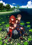  1boy 1girl absurdres bangs black_gloves breasts chest_jewel earrings fingerless_gloves gem gloves headpiece highres jewelry large_breasts poteto_(potetosarada123) pyra_(xenoblade) red_eyes red_legwear red_shorts redhead rex_(xenoblade) short_hair short_shorts shorts swept_bangs thigh-highs tiara xenoblade_chronicles_(series) xenoblade_chronicles_2 