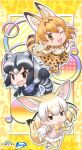  3girls animal_ears blonde_hair blue_hair common_raccoon_(kemono_friends) fennec_(kemono_friends) highres jumping kemono_friends looking_at_viewer multiple_girls neck_ribbon official_art one_eye_closed open_mouth orange_hair ribbon serval_(kemono_friends) shirt short_hair skirt smile tail 