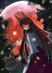  1girl animal_ears bamboo brooch brown_hair dress dutch_angle forest full_moon highres imaizumi_kagerou jewelry long_hair long_sleeves looking_at_viewer luke_(kyeftss) moon nature night red_eyes skirt sky solo tail touhou very_long_hair wide_sleeves wolf wolf_ears wolf_tail 