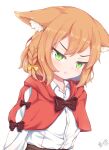  &gt;:( :t angry animal_ears braid capelet green_eyes hood hood_down hooded_capelet long_sleeves meemo orange_hair original pout red_capelet rina_(meemo) shirt short_hair v-shaped_eyebrows white_shirt wolf_ears 