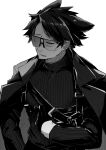  1boy animal_ears arknights black_gloves black_hair capone_(arknights) coat cowboy_shot fang glasses gloves highres iwashi_80 male_focus monochrome short_hair simple_background smirk solo sweater turtleneck turtleneck_sweater wolf_boy 