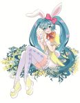  1girl :d animal_ears argyle argyle_legwear bangs bloomers blue_eyes blue_hair blush bow easter easter_egg egg eyebrows_visible_through_hair flower fur_cuffs hair_bow hair_flower hair_ornament haruwo hatsune_miku highres holding holding_egg long_hair looking_at_viewer nail_polish neck_ribbon open_mouth plant polka_dot polka_dot_bow pom_pom_(clothes) puffy_short_sleeves puffy_sleeves rabbit_ears rabbit_girl rabbit_tail ribbon short_sleeves sitting smile solo tail thigh-highs twintails underwear very_long_hair vocaloid wristband zettai_ryouiki 