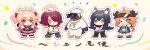 1boy 4girls animal_ears arknights bird bison_(arknights) black_hair blonde_hair chibi closed_mouth croissant_(arknights) emperor_penguin exusiai_(arknights) eyebrows_visible_through_hair hair_over_one_eye halo hand_up multiple_girls one_eye_closed open_mouth orange_hair penguin penguin_logistics_(arknights) peroppafu redhead short_hair smile sora_(arknights) sunglasses texas_(arknights) the_emperor_(arknights) wings 