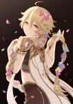  1boy aether_(genshin_impact) ar_(rikuesuto) armor blonde_hair braid brown_background closed_mouth crop_top earrings flower genshin_impact hair_flower hair_ornament jewelry long_hair male_focus pants shawl shoulder_armor simple_background twitter_username yellow_eyes 