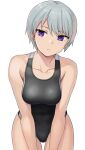  1girl bangs black_swimsuit breasts closed_mouth collarbone competition_swimsuit cowboy_shot expressionless eyebrows_visible_through_hair grey_hair hashi leaning_forward legs_apart looking_at_viewer medium_breasts one-piece_swimsuit original short_hair simple_background solo swimsuit violet_eyes white_background 