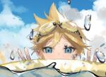  1boy aqua_eyes blonde_hair clouds commentary double_v goggles goggles_on_head highres kagamine_len looking_at_viewer male_focus mifes outdoors partially_submerged portrait solo spiky_hair v vocaloid water_drop wet_lens 