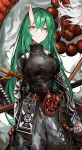  1girl absurdres arknights arm_scarf bangs beads breasts closed_mouth colored_skin fangs green_hair hair_between_eyes highres holding holding_shield horns hoshiguma_(arknights) hoshiguma_(patrolling_ronin)_(arknights) jewelry lch long_hair long_sleeves mask medium_breasts necklace official_alternate_costume oni oni_horns oni_mask pants red_skin sheath sheathed shield single_horn sword teeth weapon white_hair yellow_eyes 