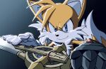  1boy artist_name blue_eyes caliburn_(sonic) chronocrump close-up fox_boy frown gauntlets gem gloves highres looking_at_viewer male_focus multicolored_fur smirk solo sonic_(series) sonic_and_the_black_knight spiky_hair sword tails_(sonic) topless_male twitter_username upper_body weapon white_fur yellow_fur 