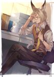  1boy absurdres adjusting_clothes adjusting_necktie alternate_costume animal_ears ayacho bangs black_pants book braid braided_ponytail brown_hair brown_vest cabinet chair coffee_cup collared_shirt contemporary crossed_legs cup disposable_cup feet_out_of_frame furrowed_brow glasses granblue_fantasy grimace hand_on_own_head highres long_hair looking_at_viewer low_ponytail lu_woh_(granblue_fantasy) male_focus necktie office_chair pants semi-rimless_eyewear shirt sitting sleeves_pushed_up solo steam table v-shaped_eyebrows very_long_hair vest watch watch white_shirt yellow_eyes yellow_necktie 