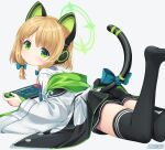  bangs black_legwear black_shorts blonde_hair blue_archive blue_bow blue_necktie blush bow cat_ear_headphones cat_tail commentary_request dot_mouth dot_nose eyebrows_visible_through_hair green_eyes halo headphones jacket kei_kei long_sleeves looking_at_viewer looking_back lying midori_(blue_archive) necktie nintendo_switch no_shoes on_stomach over_shoulder playing_games shirt short_hair shorts sidelocks tail thigh-highs thighs white_background white_jacket white_shirt wide_sleeves 