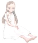  1girl barefoot blush dress expressionless full_body grey_eyes highres light_brown_hair long_hair looking_at_viewer mocha_(snowflake) original own_hands_clasped own_hands_together simple_background sitting solo toes white_background white_dress 