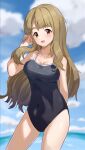  1girl black_swimsuit blue_sky breasts brown_eyes brown_hair clouds collarbone competition_school_swimsuit cowboy_shot ebifu highres idolmaster idolmaster_million_live! large_breasts long_hair looking_at_viewer miyao_miya school_swimsuit sky solo standing swimsuit thick_eyebrows 