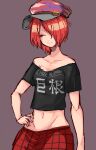  1girl bangs black_shirt breasts brown_background closed_mouth clothes_writing commentary_request cookie_(touhou) cowboy_shot hair_between_eyes hair_over_one_eye hand_on_hip hecatia_lapislazuli highres ktgijgkgdusimn_(cookie) looking_at_viewer medium_breasts midriff navel off-shoulder_shirt off_shoulder plaid plaid_skirt red_skirt redhead shimosuke shirt short_hair simple_background skirt smile solo touhou 