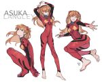  1girl arm_support arms_up artist_name ass barefoot bodysuit brown_hair character_name closed_eyes hairpods highres long_hair looking_to_the_side looking_up lying multicolored_bodysuit multicolored_clothes multiple_views neon_genesis_evangelion netapai1 open_mouth orange_hair outstretched_arm plugsuit red_bodysuit shiny souryuu_asuka_langley squatting standing toes twintails 