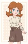  1girl alternate_costume artist_name blue_eyes brown_skirt casual chocomiru earrings eyebrows_visible_through_hair happy jewelry leaf_print looking_at_viewer open_mouth polka_dot polka_dot_background princess_daisy skirt smile solo super_mario_bros. super_smash_bros. 