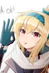  1girl blonde_hair bow eyebrows_visible_through_hair gamryous girls_frontline gloves green_bow green_headwear hair_bow hair_ribbon highres looking_at_viewer multicolored_clothes multicolored_gloves ok_sign red_eyes ribbon russian_flag scarf smile solo sv-98_(girls&#039;_frontline) tongue turtleneck white_scarf 