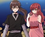  1boy 1girl bangs black_shirt blush brown_hair closed_mouth commentary detached_sleeves dress eyebrows_visible_through_hair eyepatch hair_between_eyes highres hwa_ryun jyu_viole_grace kasuga_kaya long_hair one_eye_covered pink_dress ponytail red_eyes redhead shirt single_detached_sleeve symbol-only_commentary tower_of_god twenty-fifth_bam upper_body very_long_hair yellow_eyes 