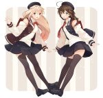  2girls ahoge beret black_footwear black_hair black_legwear black_ribbon black_skirt black_vest blonde_hair blue_eyes blush braid buttons detached_sleeves full_body hair_between_eyes hair_flaps hair_ornament hair_over_shoulder hair_ribbon hairclip hat jacket kantai_collection letterman_jacket long_hair multiple_girls necktie official_alternate_costume open_clothes open_mouth open_vest pleated_skirt red_eyes red_necktie ribbon shakemi_(sake_mgmgmg) shigure_(kancolle) shigure_kai_ni_(kancolle) shoes single_braid skirt smile striped striped_background thigh-highs vest yuudachi_(kancolle) yuudachi_kai_ni_(kancolle) 