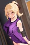  1girl bangs bare_shoulders blonde_hair blurry blurry_background blush breasts closed_mouth collarbone commentary commentary_request elbow_pads hair_between_eyes hair_ornament huyumitsu jersey large_breasts looking_at_viewer original ponytail sleeveless smile solo yellow_eyes 