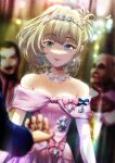  1girl bangs bare_shoulders blonde_hair blue_eyes blurry blurry_background blurry_foreground bow dress dress_bow earrings elbow_gloves eyebrows_visible_through_hair glint gloves green_eyes heterochromia highres idolmaster idolmaster_cinderella_girls igomyway136 indoors jewelry long_hair looking_at_viewer necklace off-shoulder_dress off_shoulder pink_bow pink_dress roman_holiday standing takagaki_kaede tiara 