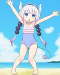  1girl absurdres armpits arms_up ass_visible_through_thighs barefoot beach beads blue_eyes blue_swimsuit casual_one-piece_swimsuit dragon_girl dragon_horns feet full_body green_bell_(yksk042) grey_hair hair_beads hair_ornament hairband highres horns kanna_kamui kobayashi-san_chi_no_maidragon legs long_hair low_twintails ocean one-piece_swimsuit open_mouth outdoors ribbon solo swimsuit tail thighs toes twintails 