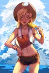  abs alternate_hairstyle applejack armband beach blonde_hair brown_headwear cowboy_hat crop_top food green_eyes gym_shorts hair_down hat highres humanization initial lips long_hair muscular muscular_female my_little_pony my_little_pony_friendship_is_magic ocean outdoors popsicle short_shorts shorts sky solo sportswear sweat sweatband sweatdrop towel water xieyanbbb 