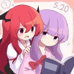  2girls :d ? bat_wings blush book bow dako_ovo demon_wings dress dress_shirt eyebrows_visible_through_hair head_wings highres holding holding_book koakuma long_hair long_sleeves looking_at_another multiple_girls no_hat no_headwear open_mouth patchouli_knowledge purple_hair red_eyes redhead shirt smile touhou violet_eyes white_shirt wings 