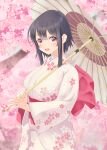  1girl alternate_costume black_hair breasts cherry_blossoms eyebrows_visible_through_hair floral_print hair_between_eyes highres japanese_clothes kantai_collection kimono large_breasts long_sleeves looking_at_viewer obi oil-paper_umbrella open_mouth osashimisan petals pink_kimono red_eyes sash short_hair smile solo takao_(kancolle) tree umbrella wide_sleeves 