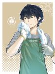  1boy apron bangs black_hair brown_background closed_mouth commentary_request gloves green_apron grey_shirt hair_between_eyes highres holding jun_(2577985) looking_away male_focus okabe_rintarou shirt short_hair simple_background solo standing steins;gate sweat upper_body white_gloves yellow_eyes 