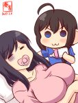  2girls :3 alternate_costume artist_logo baby_bottle bangs blue_shirt bottle breasts closed_eyes collarbone commentary_request dated eyebrows_visible_through_hair holding holding_bottle kanon_(kurogane_knights) kantai_collection large_breasts light_blush lying multiple_girls on_back one-hour_drawing_challenge pacifier pillow pink_shirt shigure_(kancolle) shirt simple_background smile white_background yamashiro_(kancolle) younger 