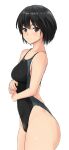  1girl absurdres amagami black_hair black_swimsuit breasts brown_eyes competition_swimsuit cowboy_shot highleg highleg_swimsuit highres looking_at_viewer nanasaki_ai one-piece_swimsuit sailor_collar shirt short_hair simple_background small_breasts solo swimsuit two-tone_swimsuit white_background yoo_tenchi 
