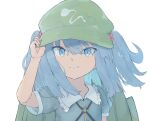  1girl backpack bag bangs blue_eyes blue_hair closed_mouth eyebrows_visible_through_hair flat_cap green_bag green_headwear hair_bobbles hair_ornament hand_on_headwear hat highres kawashiro_nitori key looking_at_viewer short_hair short_sleeves simple_background smile solo touhou two_side_up upper_body white_background xp543387 