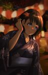  1girl black_hair blue_eyes blurry blurry_background dibula festival fireworks flower hair_flower hair_ornament hand_up japanese_clothes kimono kofune_mio lantern night night_sky obi outdoors paper_lantern sash sky solo summertime_render tan upper_body yukata 