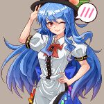 1girl :d adjusting_clothes adjusting_headwear apron back_bow black_headwear blue_bow blue_hair blue_skirt blush bow brown_background buttons chinese_commentary collared_shirt commentary_request eaglov food frilled_shirt frills fruit gradient_hair hair_between_eyes hand_on_own_hip hand_up highres hinanawi_tenshi leaf_hat_ornament long_hair looking_at_viewer multicolored_hair neck_ribbon one_eye_closed open_mouth peach peach_hat_ornament pink_eyes pixel_art puffy_sleeves rainbow_order red_ribbon ribbon shirt skirt smile solo speech_bubble teeth touhou upper_body upper_teeth_only waist_apron white_apron white_shirt
