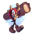 1boy armband black_fur blue_eyes boots christmas evan_stanley fingerless_gloves gloves highres lifting looking_at_viewer male_focus mighty_the_armadillo one_eye_closed pointy_nose scar scar_across_eye solo sonic_(series) sonic_mania topless_male walking wood 