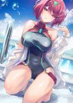 1girl bangs barefoot black_swimsuit breasts commentary_request competition_swimsuit covered_navel gem inoue_takuya_(tactactak) jewelry kneeling large_breasts looking_at_viewer one-piece_swimsuit outdoors pool pyra_(pro_swimmer)_(xenoblade) pyra_(xenoblade) red_eyes red_swimsuit redhead short_hair solo swimsuit two-tone_swimsuit xenoblade_chronicles_(series) xenoblade_chronicles_2 