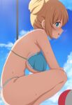  1girl :o absurdres ball beachball bikini birthday blend_s blonde_hair blue_eyes blush breasts double_bun eyebrows_visible_through_hair feet_out_of_frame from_side hanging_breasts happy_birthday highres hinata_kaho large_breasts leaning_forward looking_at_viewer ocean open_mouth poa_mellhen profile shade sideboob sidelocks sideways_glance sky solo squatting string_bikini swimsuit tareme under_boob 